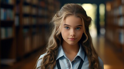 Portrait of cute schoolgirl at the library 
