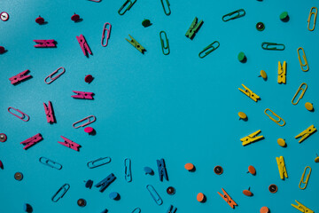 Frame border made of school stationery supplies. Copy space for your text or Educational greeting announcement for students and teacher. Creative vivid colorful background. Concept of new school year