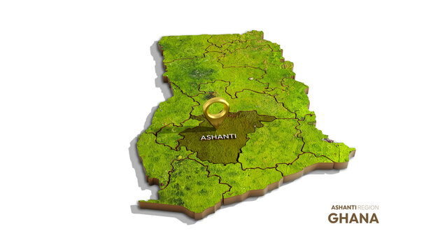 3D rendering of Ghana map highlighting Ashanti region isolated on transparent background
