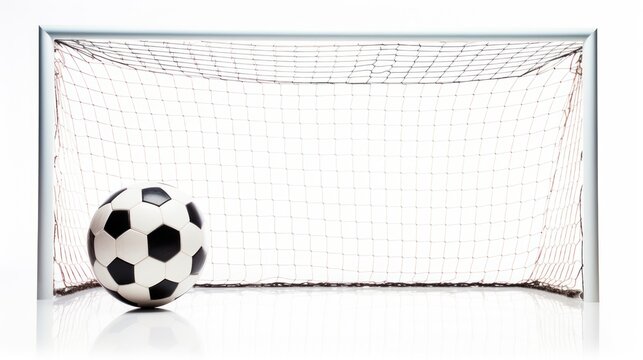 soccer ball on goal with net on white background 