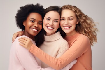 Three joyful women hugging while standing 