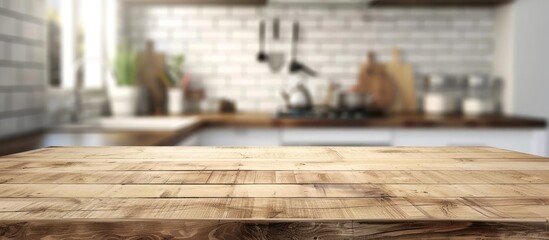 Wooden table top against a blurry kitchen room backdrop for product display or design layout.