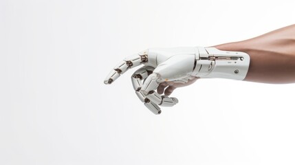 White cyborg robotic hand pointing his finger 