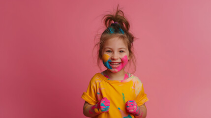 Fototapeta premium cute cheerful kid girl with smiling face painted in bright colors