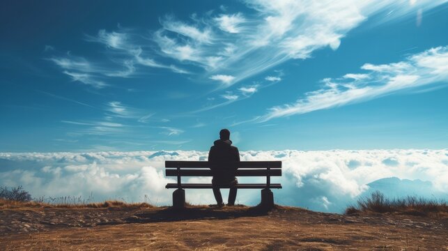 A person sits on a bench gaze focused on the endless horizon of skysers lost in thought about the challenges they have yet to . .