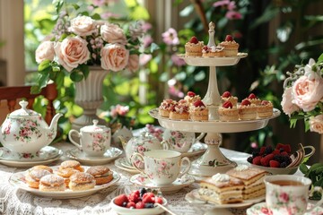 Naklejka premium Vintage Tea Party Setting with Floral China and Pastries