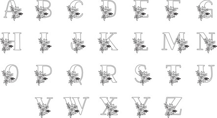 Outlined Floral Monogram, A-Z Alphabet 26 Letters