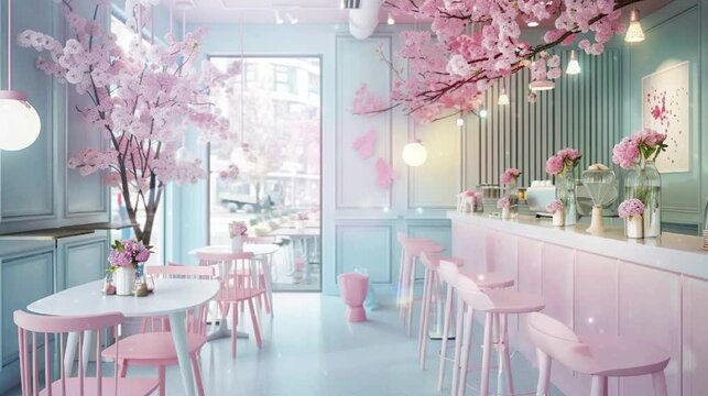Pink and white cafe interior, tables with pink chairs and blue legs, pink table lamps hanging from the ceiling, flowers in vases on all of them, sakura trees outside, pastel aesthetic