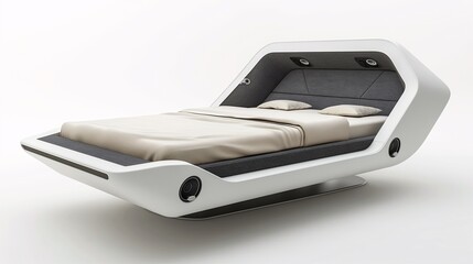 Futuristic white bed with a sleek design and built-in lighting, showcasing modern minimalist bedroom furniture on a white background.