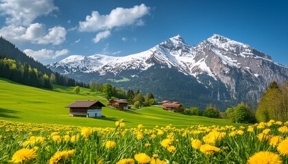 Fototapeta premium Firefly In the distance, there is a snowcapped mountain in spring time with green grass and yellow 