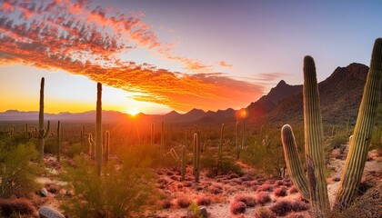  A beautiful sunset over the Arizona desert with cacti and mountains in the background, vivid 