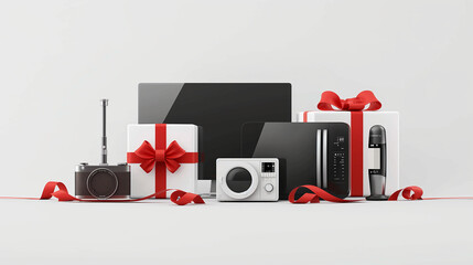 Set of home appliances with red gift ribbon isolated on white background, in the style of a 