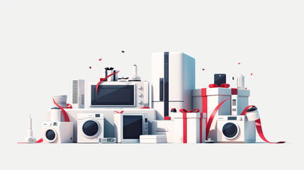 Set of home appliances with red gift ribbon isolated on white background, in the style of a 