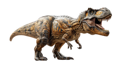 Fototapeta premium Realistic 3D Model of Tyrannosaurus Rex Dinosaur with Open Mouth and Detailed Skin Texture on White Background