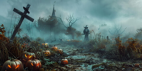 Halloween Scene with Pumpkins and Fog, Spooky Graveyard on a Misty Night, A spooky graveyard with crooked tombstones, glowing jack-o'-lanterns, and ghostly figures hovering in the background