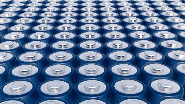 3d animation of approaching  array of batteries production in motion