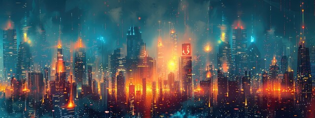 Naklejka premium Futuristic Cyberpunk Cityscape with Neon Lights at Night