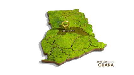 3D rendering of Ghana map highlighting Bono East isolated on transparent background
