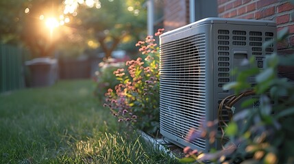 A gray air conditioner in front of a brick house, with a fence in the background and sunlight shining on the grass.