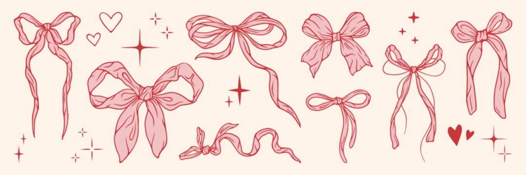 Hand drawn retro bow knots. Retro pink ribbon element, star and heart shape for celebration, holiday, party. Vector illustration set.