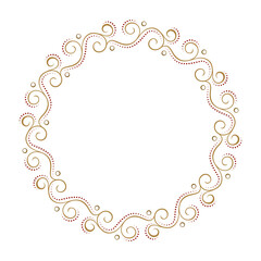 Elegant round frame featuring intricate gold and red swirls, ideal for invitations, announcements, or decorative designs.