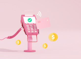 Pos terminal payment methods on pastel background with check and credit card. Approved payment. Online payment by credit card 3d render illustration. contactless payment concept. 
