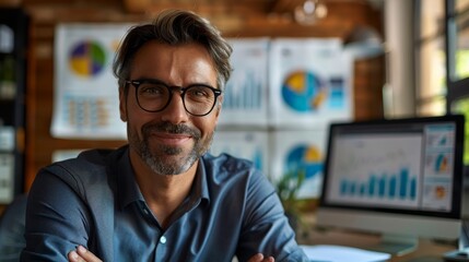 Fototapeta premium Confident businessman wearing glasses and looking at camera with graphs and charts in the background.