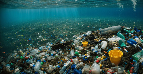  Polluted dirty sea, Sea pollution awareness for a pollution-free environment, Plastic waste, Generative AI