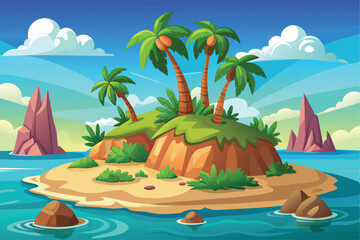 Tropical Island Vector Illustration with Palm Trees and Ocean View