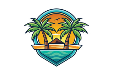 Tropical Beach Palm Trees Sunset Badge Logo Vector Illustration