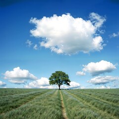 Obraz premium A lonely tree in a green field. Tree on green field. Digital artwork of tree sits on top of a green field under blue sky and clouds