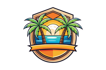 Tropical Beach Sunset Logo with Palm Trees Vector Illustration