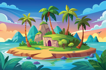 Tropical Island Sunset with Palm Trees and Cave Vector Illustration