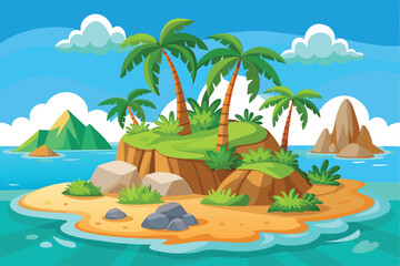 Tropical Island Paradise Vector Illustration with Palm Trees and Ocean View