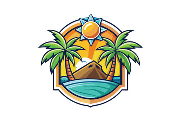 Vector Illustration Sunset Tropical Island Logo with Palm Trees and Beach House 