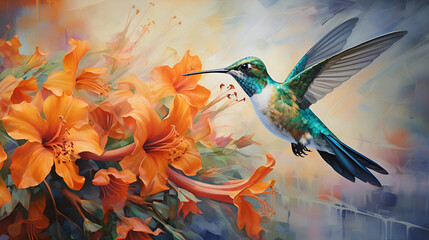  A beautiful hummingbird in flight over vibrant orange flowers in a colorful painting.