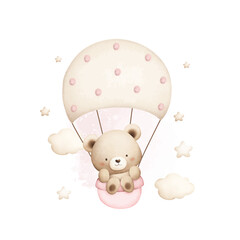 Watercolor Illustration Cute Baby Teddy Bear Fllies with Parachute