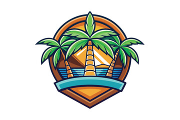 Mountain Island with Hut and Palm Trees Tropical Vector Illustration