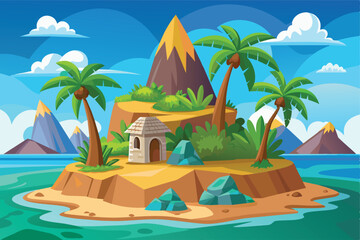 Mountain Island with Hut and Palm Trees - Tropical Vector Illustration
