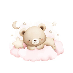 Watercolor Illustration Cute Baby Teddy Bear Sleeps on Cloud with Moon and Stars