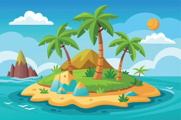 Tropical Island Paradise with Palm Trees and Mountains - Vector Illustration