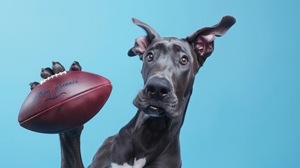 A Great Dane dog wearing a football jersey is holding a football in its paw. The dog is looking at the camera with a curious expression on its face.