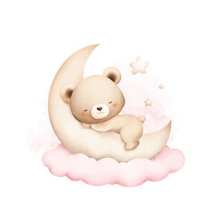 Watercolor Illustration Cute Baby Teddy Bear Sleeps on Moon with Stars