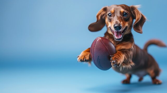 A happy dachshund dog playing with a football in its mouth on a blue background.