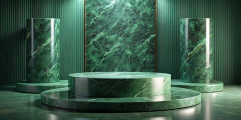A luxurious green marble podium setup for product display. The scene features a round podium with a marble texture and two cylindrical columns in a matching green marble finish. 