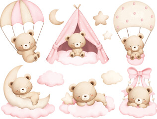 Watercolor Illustration Set of Cute Baby Teddy Bears
