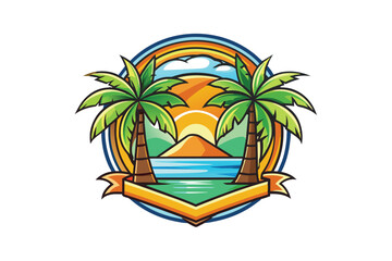 Vector Illustration Tropical Sunset with Palm Trees and Ocean View