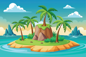 Vector Illustration Tropical Island Paradise with Palm Trees