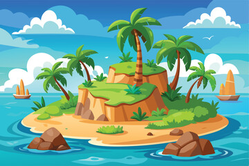 Vector Illustration Beautiful Tropical Island with Palm Trees and Sailboats