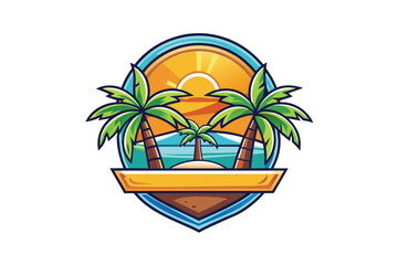 Vector Illustration of a Tropical Island with Palm Trees and Sunset